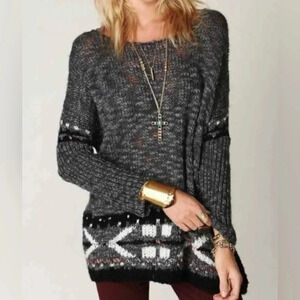 FREE PEOPLE Gray Fair Isle Oversized Wool Sweater Pullover Top Size S/P